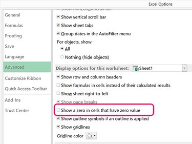 Disable the Show a Zero in Cells That Have Zero Value option.