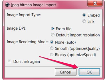 The "jpeg bitmap image import" dialog shows options for "Image Import Type", "Image DPI" and "Image Rendering Mode"