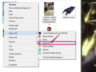 The context menu, set to open with Paint.net