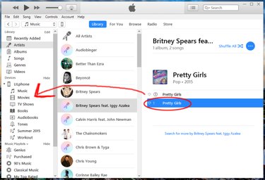 Music screen of iTunes with song circled and red arrow pointing where to drag it to