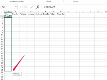 Type the start time in A2 and drag box to A25.