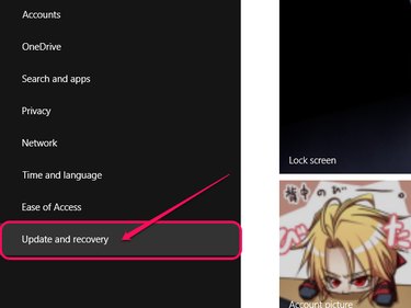 The PC Settings menu, with Update and Recovery highlighted.
