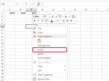 Select Insert to open a row or column insert function.