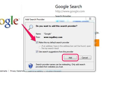 Add Search Provider confirmation box, with Make This My Default Search Provider and Add button highlighted.