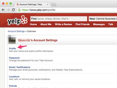 Yelp account settings page