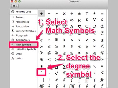 The degree symbol is toward the bottom of the list when the Math Symbols category is selected in the Characters window.