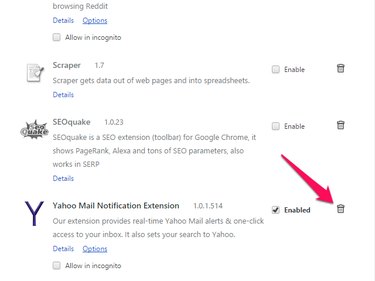 Yahoo Mail Notification Extension entry in Chrome's list of installed extensions.
