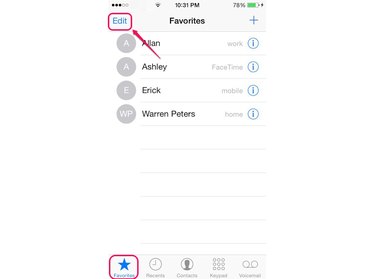 A contact's call information appears to the right of his name, such as Mobile, Home or FaceTime.