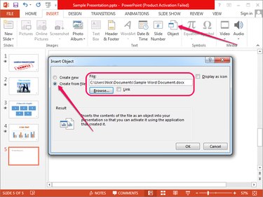 Open the Insert Object dialog and select the Word document.