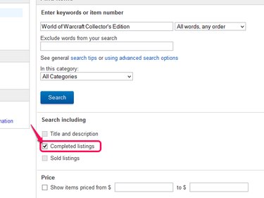 The eBay adavanced search with completed listings selected.