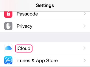 ICloud button in Settings app.