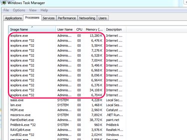 Windows Task Manager lists the number of currently running iexplore.exe processes.
