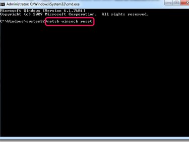 Command Prompt window with Netsh Winsock Reset command highlighted.