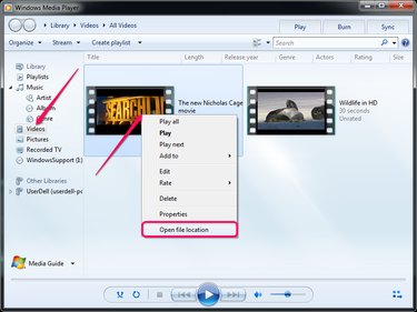Selecting the Open File Location option in Windows Media Player.