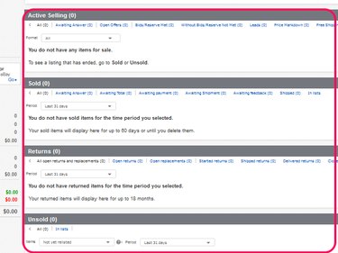 The eBay selling history page.