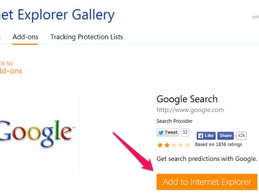 Google Search add-on details with Add to Internet Explorer button highlighted.