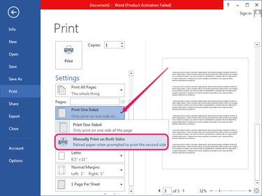 Selecting to print on both sides of the paper in Word.