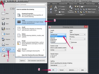 Click the AutoCAD icon then click Drawing Utilities and lastly click Units. Select Architectural as the Type then click OK.