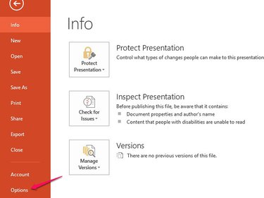 Open the Options menu to add commands to the PowerPoint ribbon.