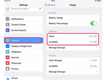 Check storage capacity in the Usage menu.