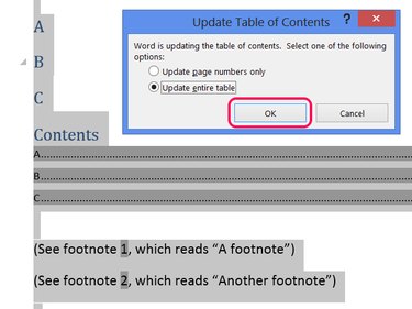 Click OK to accept table changes and update the document.