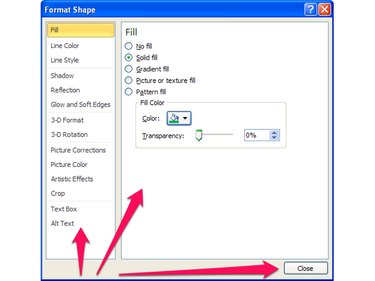 The shape format categories are displayed on the left of the Format Shape dialog box, and the options for each category are displayed on the right.