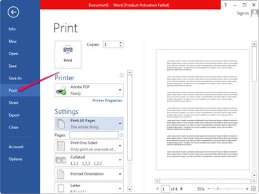 Selecting Print from the File menu in Microsoft Word.