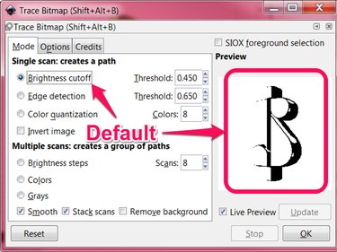 The Trace Bitmap dialog opens with the "Brightness cutoff" option selected and a poor quality black and white preview image.