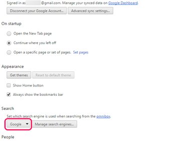 Chrome Options page, with Google option selected from the Search menu.