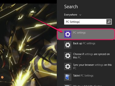 The Search menu, with PC Settings highlighted.