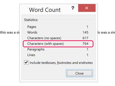 A single line using Word's maximum settings results in 764 characters.