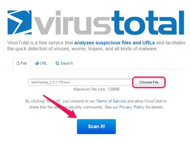 VirusTotal home page, with Choose File and Scan It buttons highlighted.