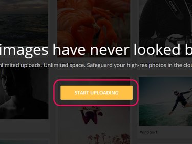 Photobucket home page with Start Uploading button highlighted.