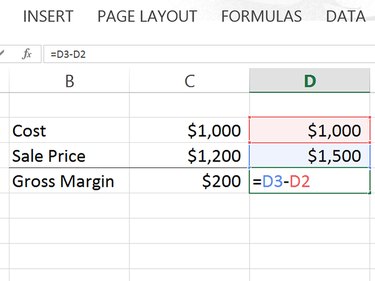 The completed formula subtracts D2 from D3.