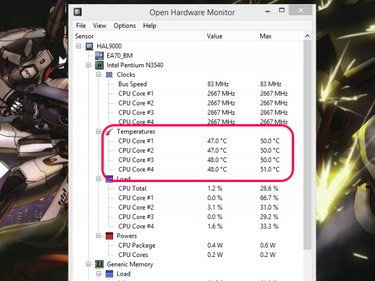 Open Hardware Monitor, with the Temperatures section highlighted.