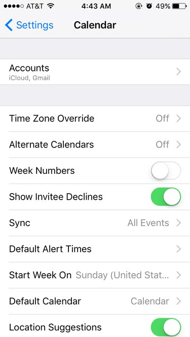 Screen capture of Calendar settings on iPhone.