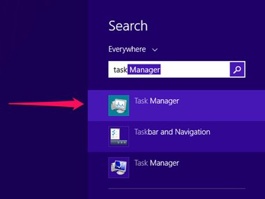 Task Manager highlighted in the Windows 8 Search bar.