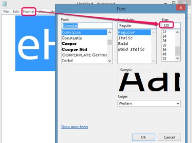 Notepad's Font dialog enables large font sizes.