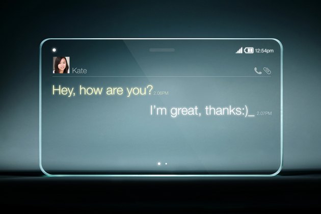 Sms chat on transparent tablet with blue background