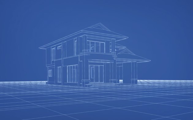 Wireframe 3D rendering of house