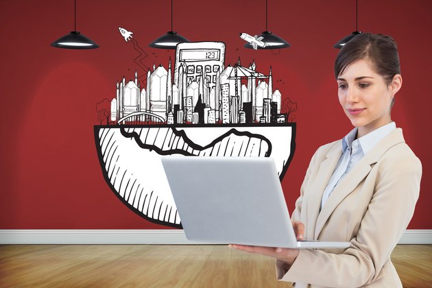 Composite image of confident businesswoman holding laptop