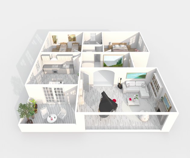 3d interior rendering of furnished home apartment with black piano
