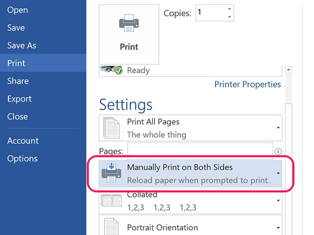 how to change word settings from double sided printing