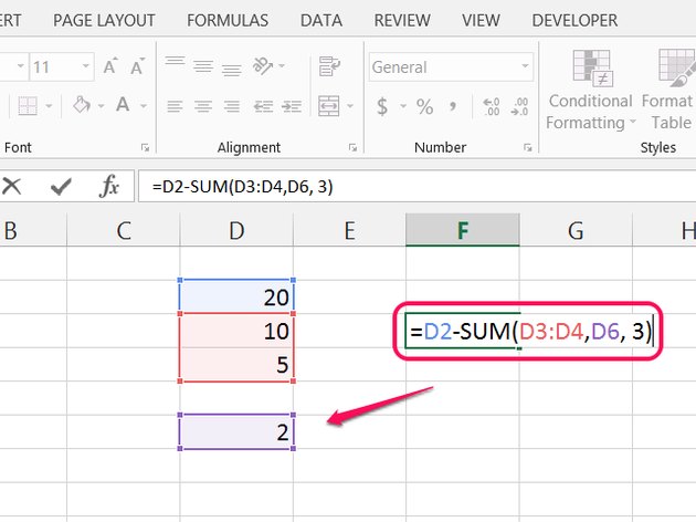 how to set a subtraction formula in excel