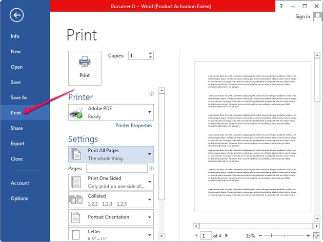 how to change layout of one page in word to print layout