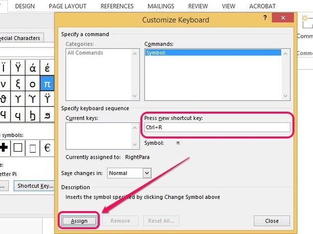 control keys to insert equation in word