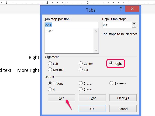 how to right justify in word